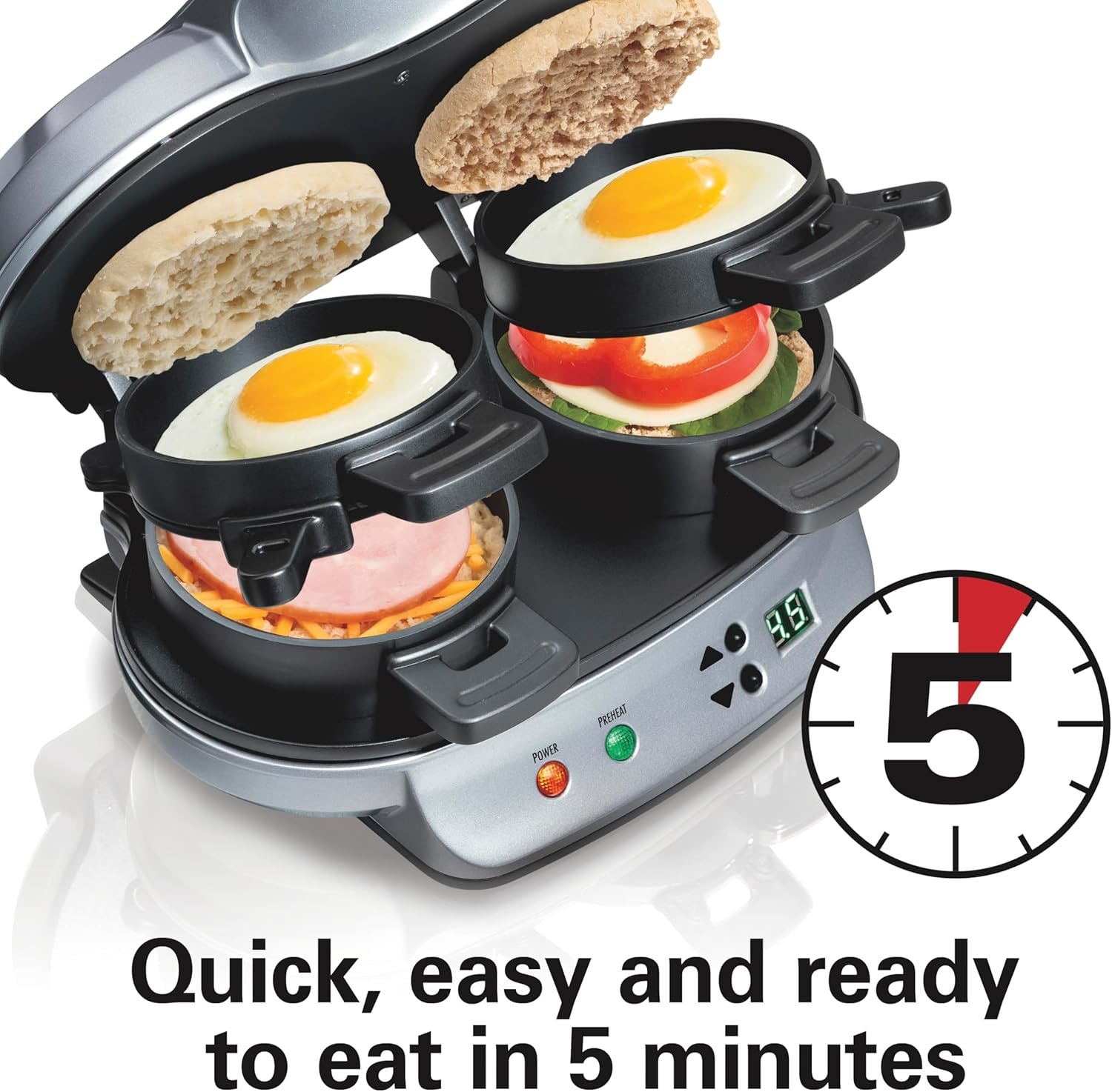Hamilton Beach Dual Breakfast Sandwich Maker with Timer, Ready in 5 Minutes, Removable Dishwasher Safe PFAS-Free Non-Stick Egg Cooker Ring