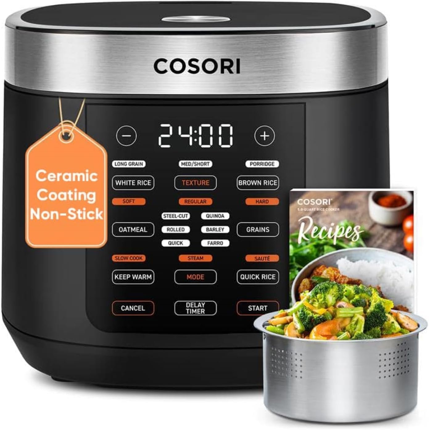 COSORI Rice Cooker 10 Cup, 24h Keep Warm, Non-stick Ceramic Inner Pot, 18 Functions Fuzzy Logic Rice Maker with Stainless Steel Steamer Basket, Sauté, Slow Cooke
